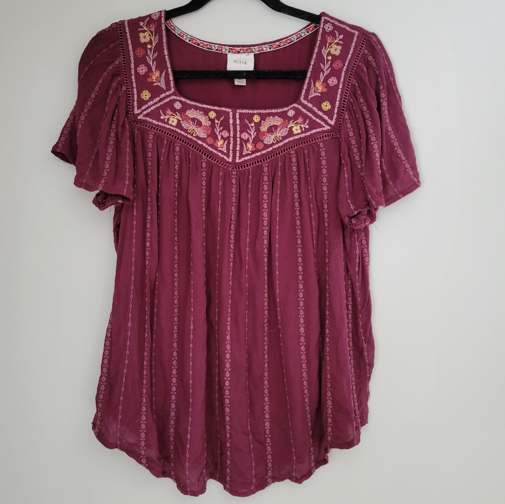Plum embroidered Knox rose butterfly sleeves shirt boho babydoll top